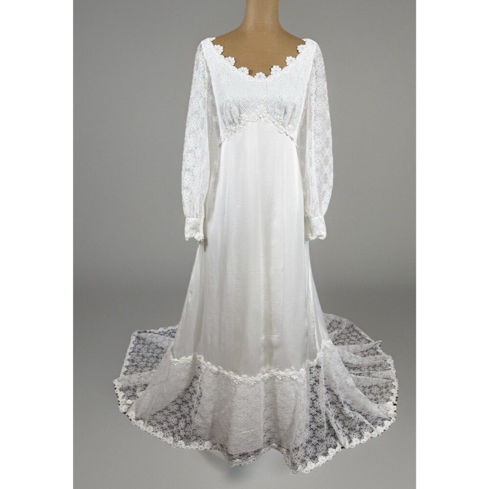 Vintage 70s William Cahill Victorian Prairie Boho Lace Wedding Dress Womens Xs